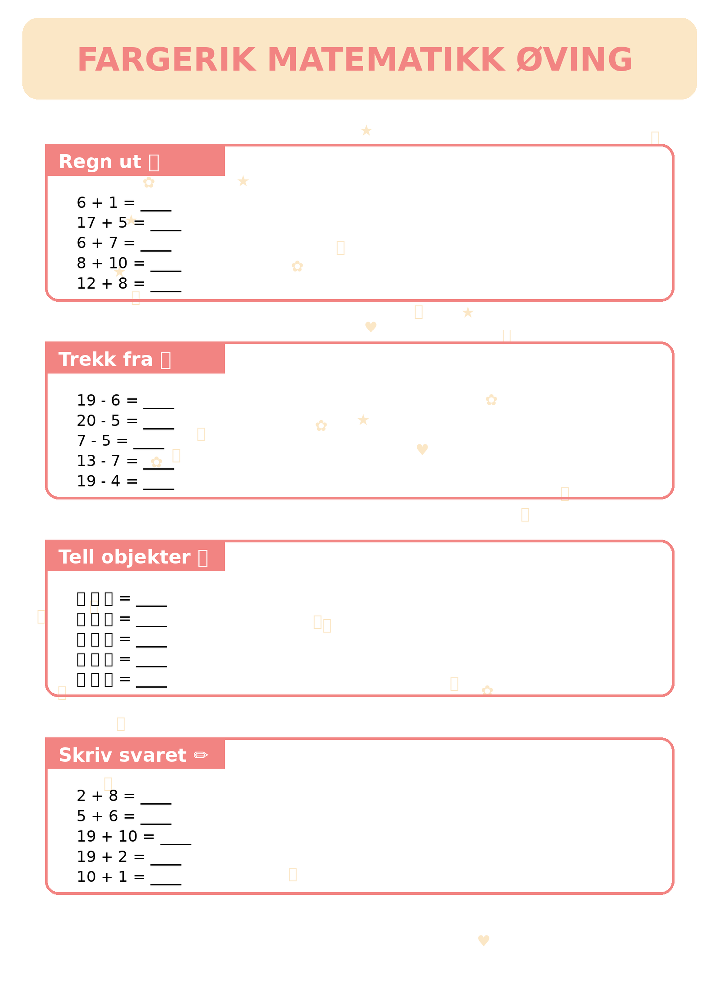 Fargerik Matematikk Øving for Barn – 15 Sider PDF | Regning og Talloppgaver 📚👧👦