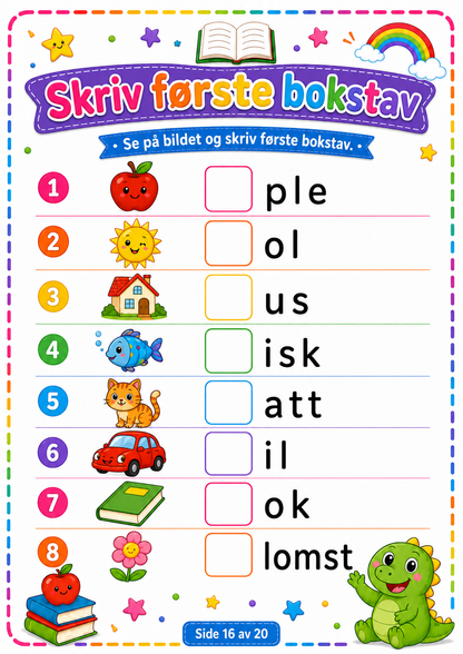Match Bildene med Riktig Ord – 15 Sider PDF | Norsk Lese- og Ordtrening for Barn 📚✏️