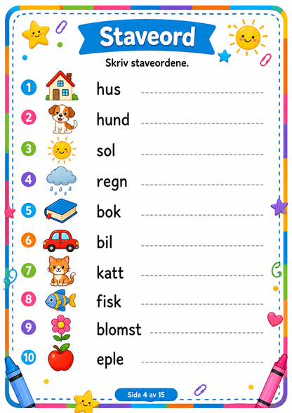Match Bildene med Riktig Ord – 15 Sider PDF | Norsk Lese- og Ordtrening for Barn 📚✏️