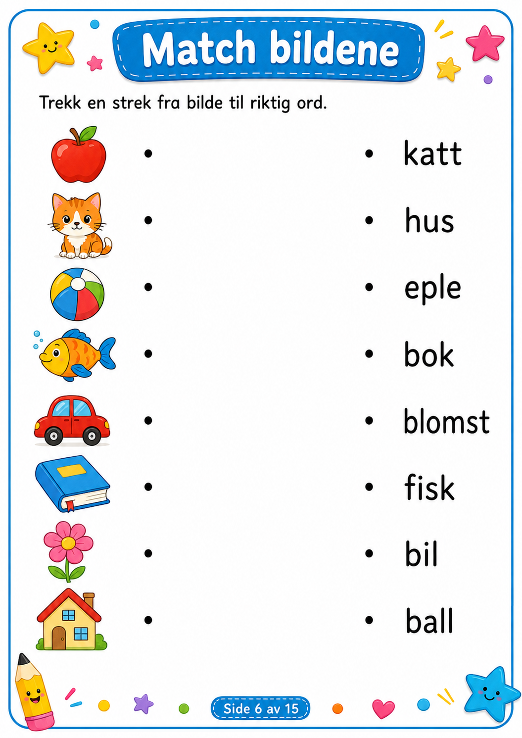 Match Bildene med Riktig Ord – 15 Sider PDF | Norsk Lese- og Ordtrening for Barn 📚✏️