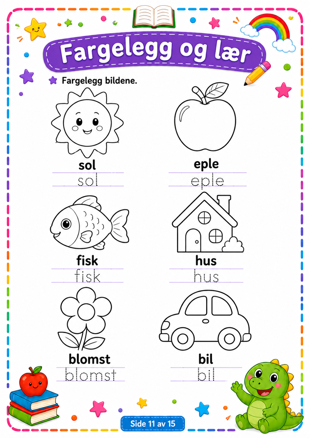 Match Bildene med Riktig Ord – 15 Sider PDF | Norsk Lese- og Ordtrening for Barn 📚✏️