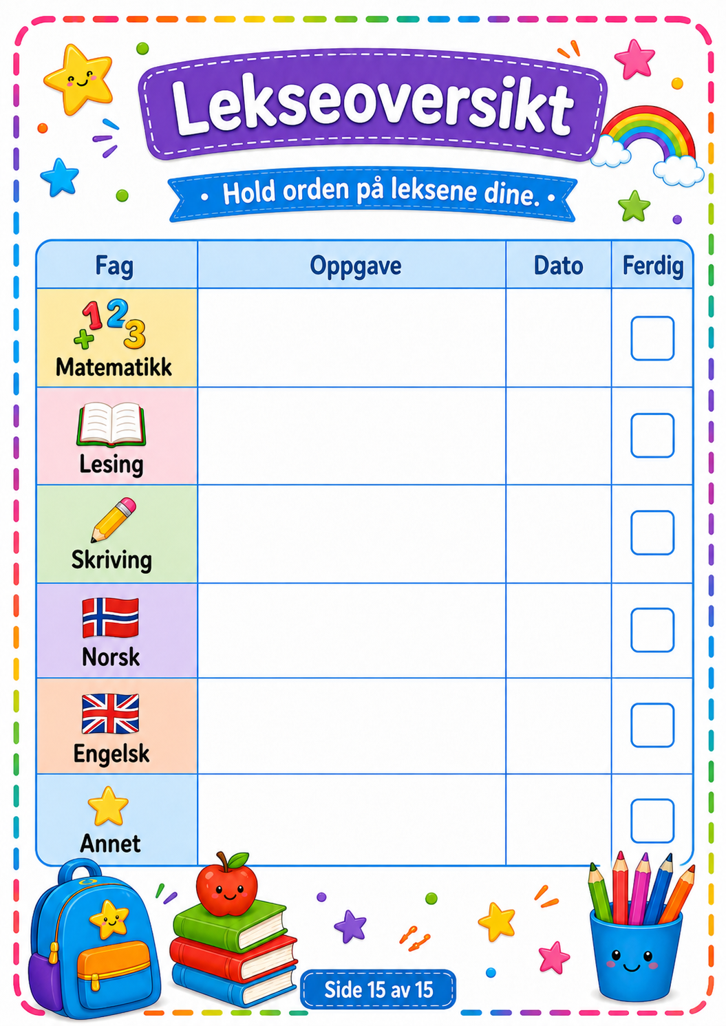 Match Bildene med Riktig Ord – 15 Sider PDF | Norsk Lese- og Ordtrening for Barn 📚✏️