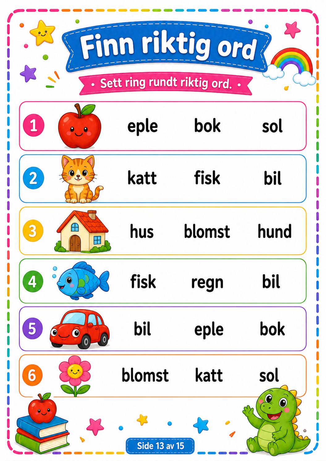 Match Bildene med Riktig Ord – 15 Sider PDF | Norsk Lese- og Ordtrening for Barn 📚✏️