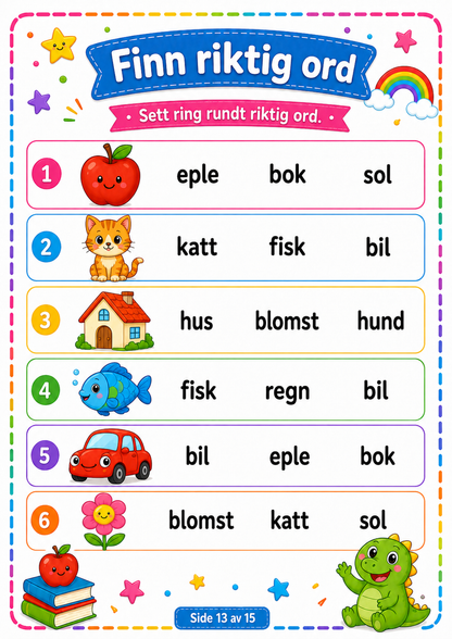 Match Bildene med Riktig Ord – 15 Sider PDF | Norsk Lese- og Ordtrening for Barn 📚✏️