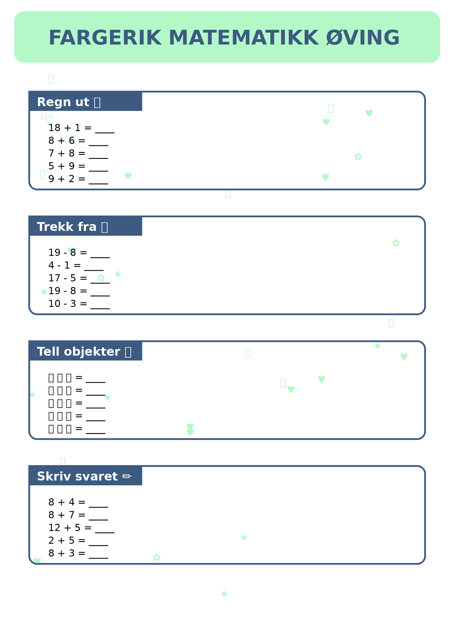 Fargerik Matematikk Øving for Barn – 15 Sider PDF | Regning og Talloppgaver 📚👧👦
