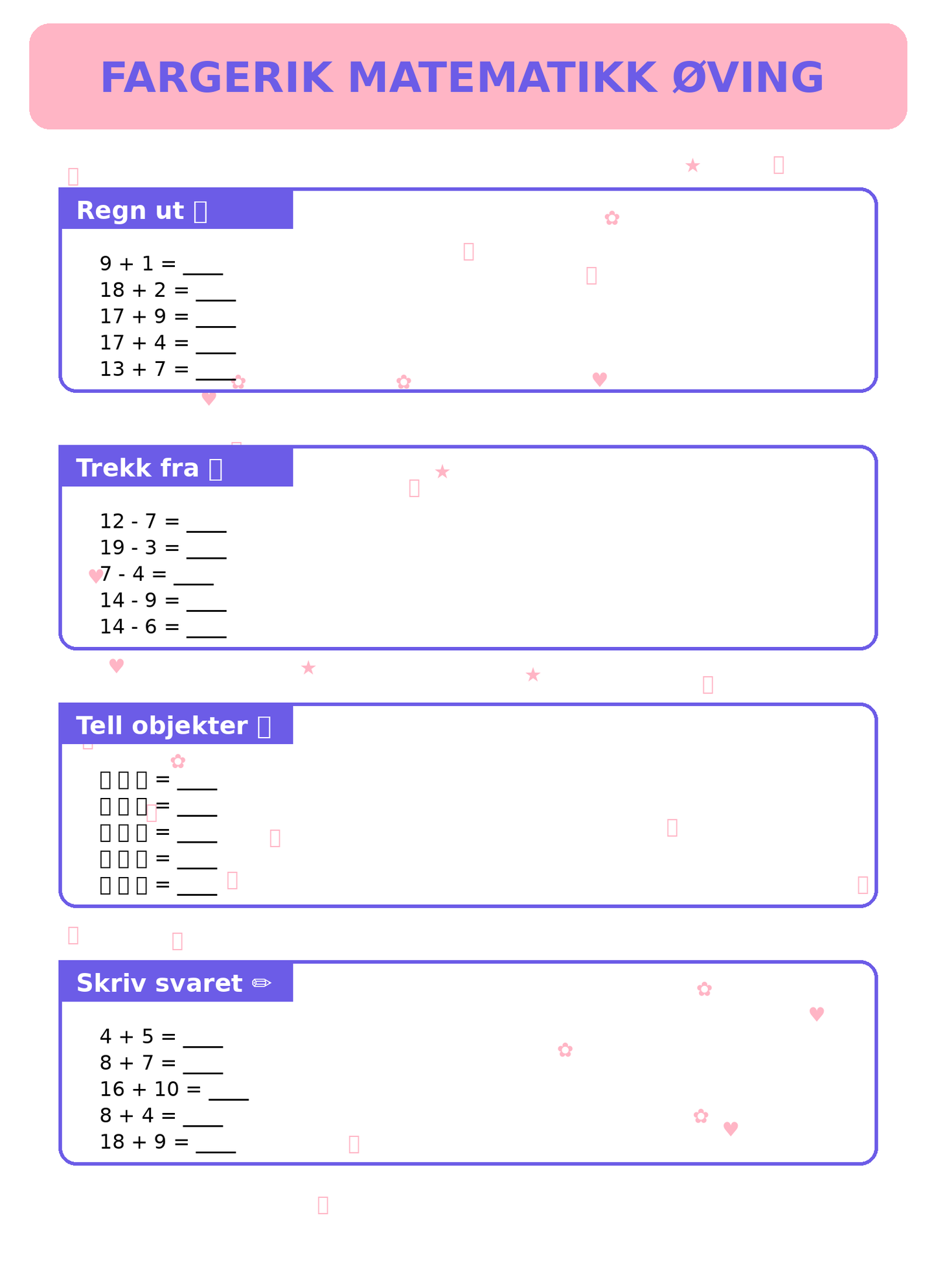Fargerik Matematikk Øving for Barn – 15 Sider PDF | Regning og Talloppgaver 📚👧👦