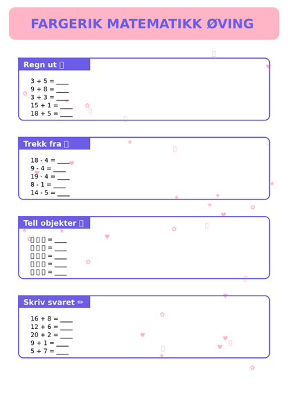 Fargerik Matematikk Øving for Barn – 15 Sider PDF | Regning og Talloppgaver 📚👧👦