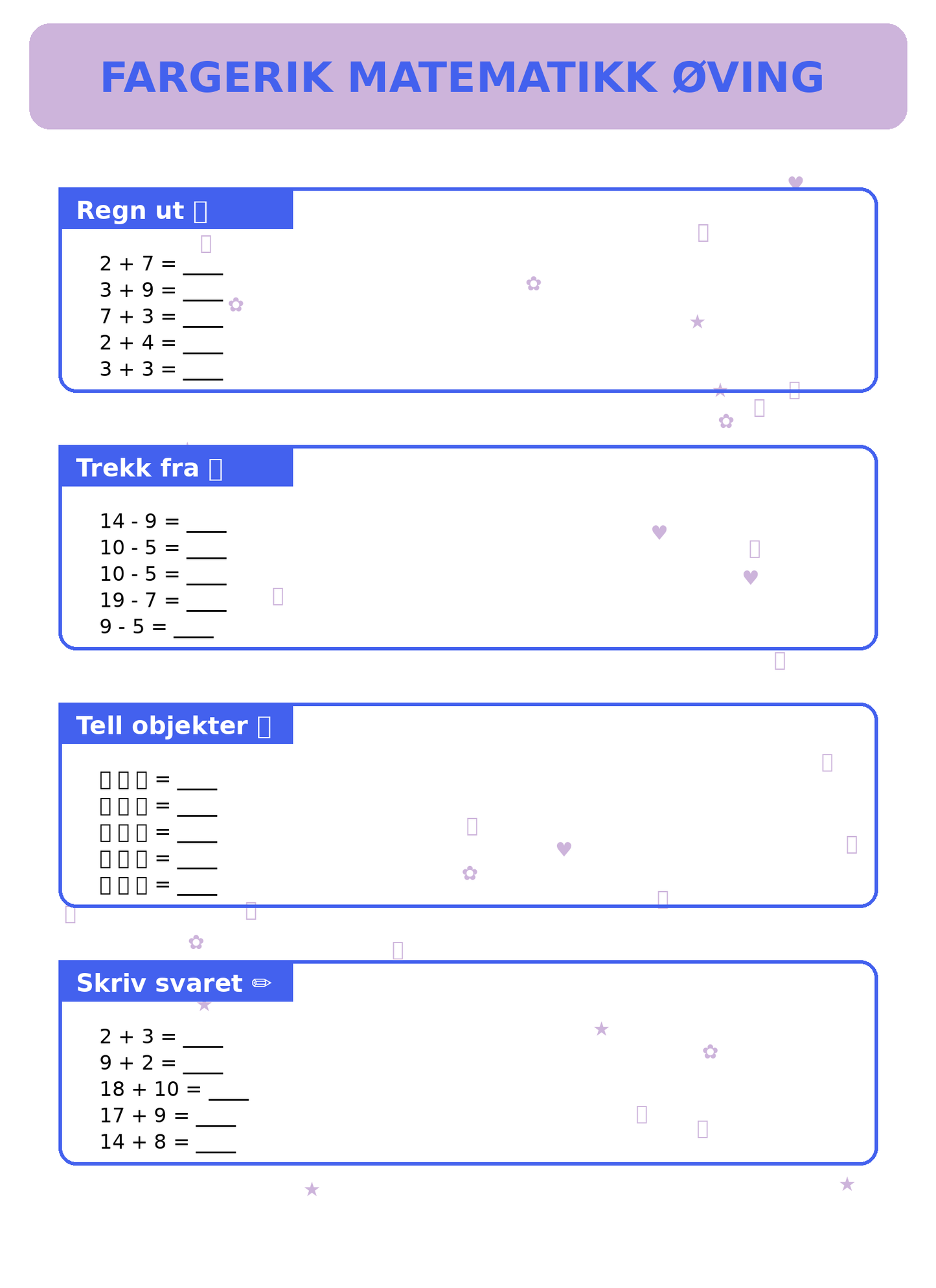 Fargerik Matematikk Øving for Barn – 15 Sider PDF | Regning og Talloppgaver 📚👧👦