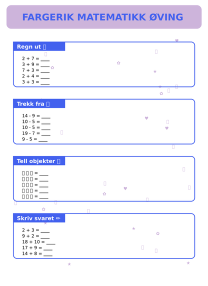 Fargerik Matematikk Øving for Barn – 15 Sider PDF | Regning og Talloppgaver 📚👧👦