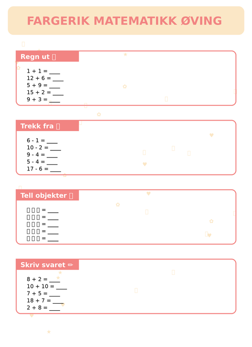 Fargerik Matematikk Øving for Barn – 15 Sider PDF | Regning og Talloppgaver 📚👧👦