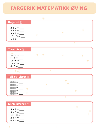 Fargerik Matematikk Øving for Barn – 15 Sider PDF | Regning og Talloppgaver 📚👧👦