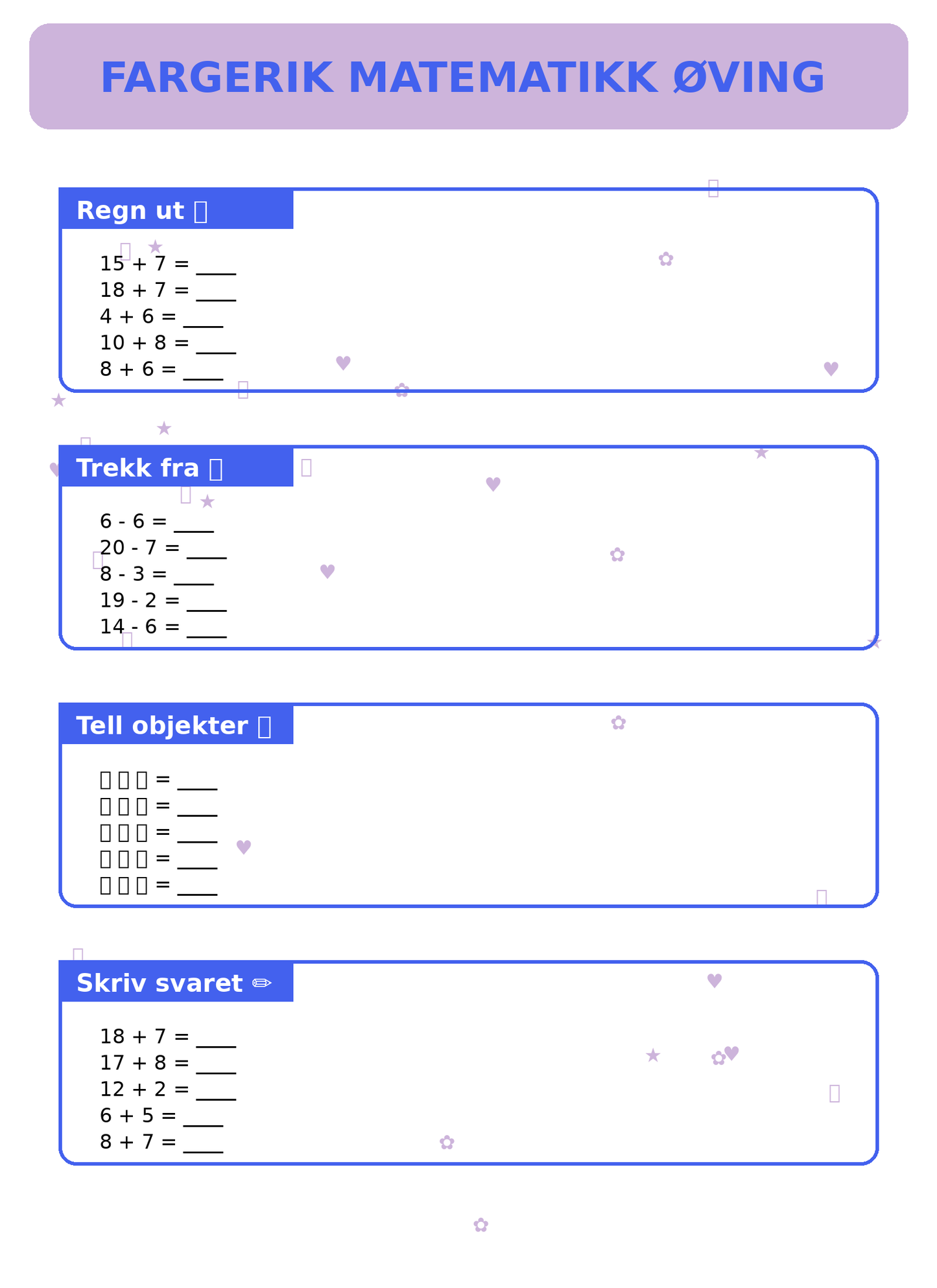 Fargerik Matematikk Øving for Barn – 15 Sider PDF | Regning og Talloppgaver 📚👧👦