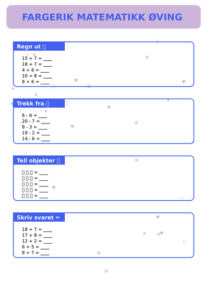 Fargerik Matematikk Øving for Barn – 15 Sider PDF | Regning og Talloppgaver 📚👧👦