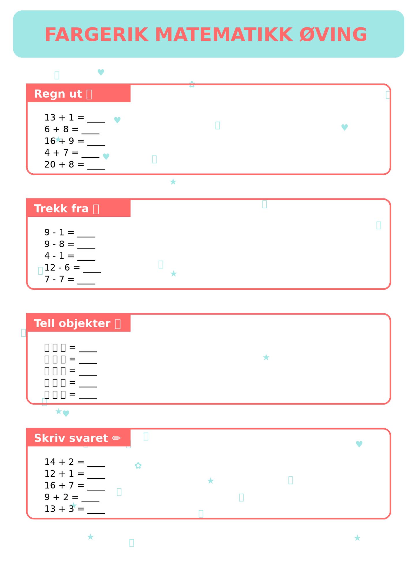 Fargerik Matematikk Øving for Barn – 15 Sider PDF | Regning og Talloppgaver 📚👧👦