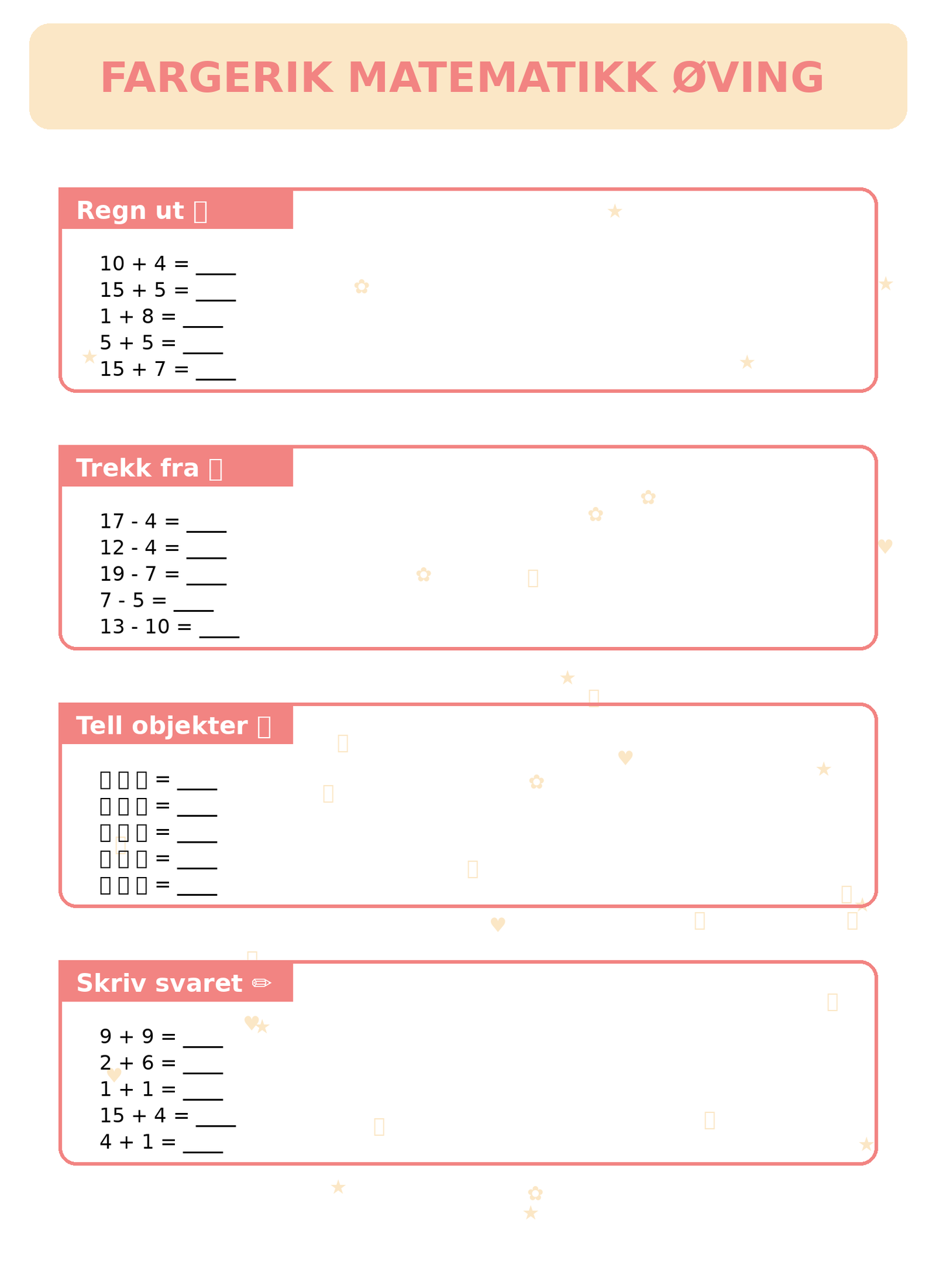 Fargerik Matematikk Øving for Barn – 15 Sider PDF | Regning og Talloppgaver 📚👧👦