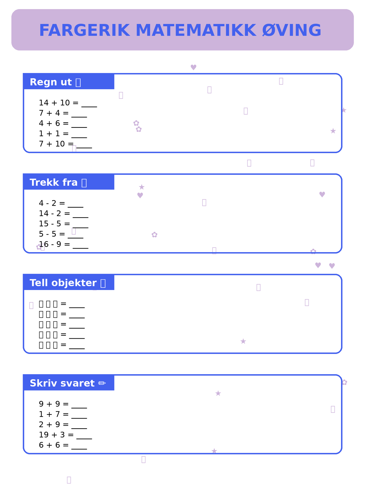 Fargerik Matematikk Øving for Barn – 15 Sider PDF | Regning og Talloppgaver 📚👧👦