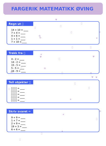 Fargerik Matematikk Øving for Barn – 15 Sider PDF | Regning og Talloppgaver 📚👧👦