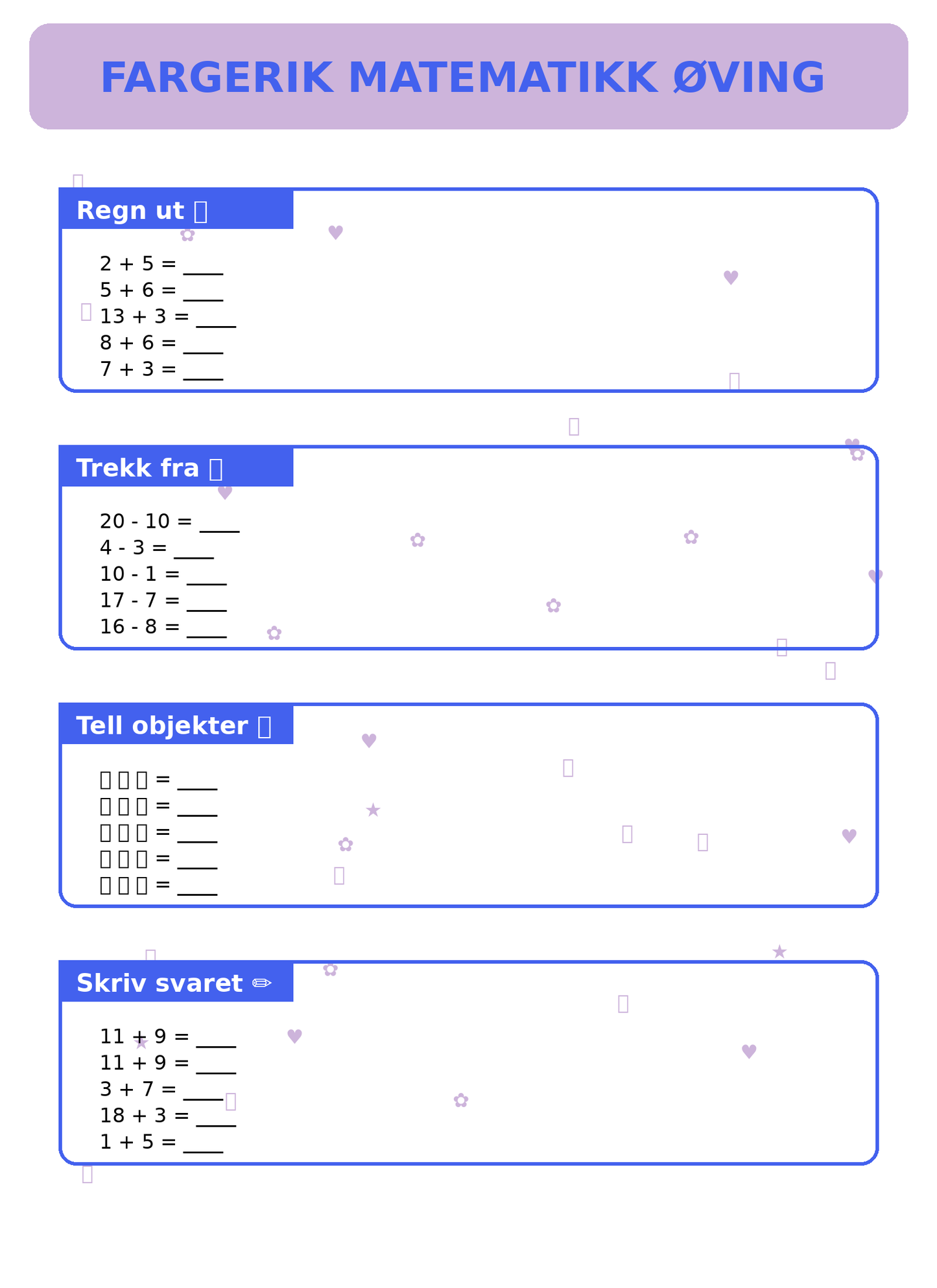 Fargerik Matematikk Øving for Barn – 15 Sider PDF | Regning og Talloppgaver 📚👧👦