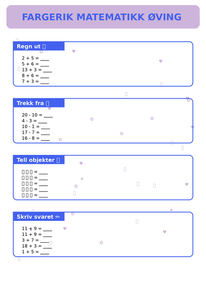 Fargerik Matematikk Øving for Barn – 15 Sider PDF | Regning og Talloppgaver 📚👧👦