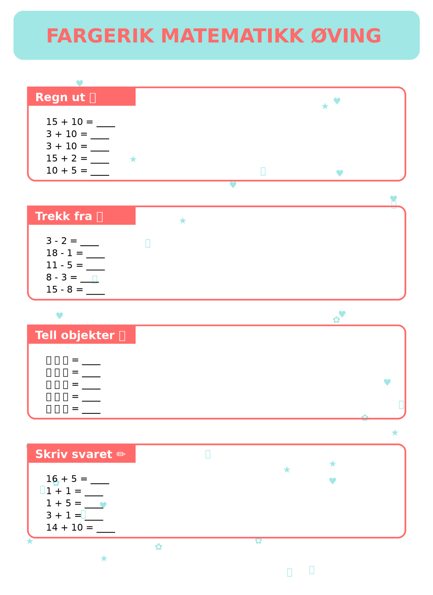 Fargerik Matematikk Øving for Barn – 15 Sider PDF | Regning og Talloppgaver 📚👧👦