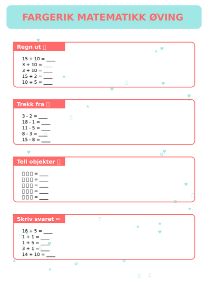 Fargerik Matematikk Øving for Barn – 15 Sider PDF | Regning og Talloppgaver 📚👧👦