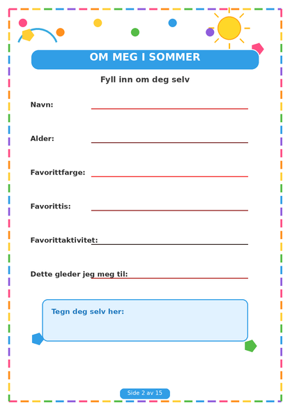 Min Sommerbok for Barn – 15 Sider PDF | Utskrivbare Sommeroppgaver 🌈✏️