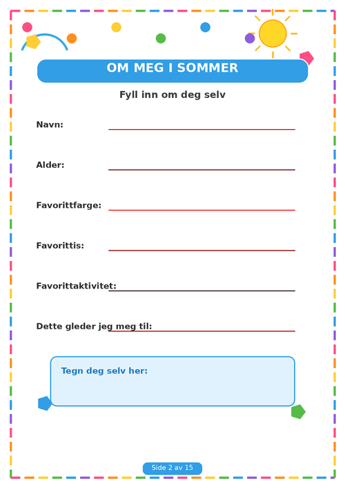 Min Sommerbok for Barn – 15 Sider PDF | Utskrivbare Sommeroppgaver 🌈✏️