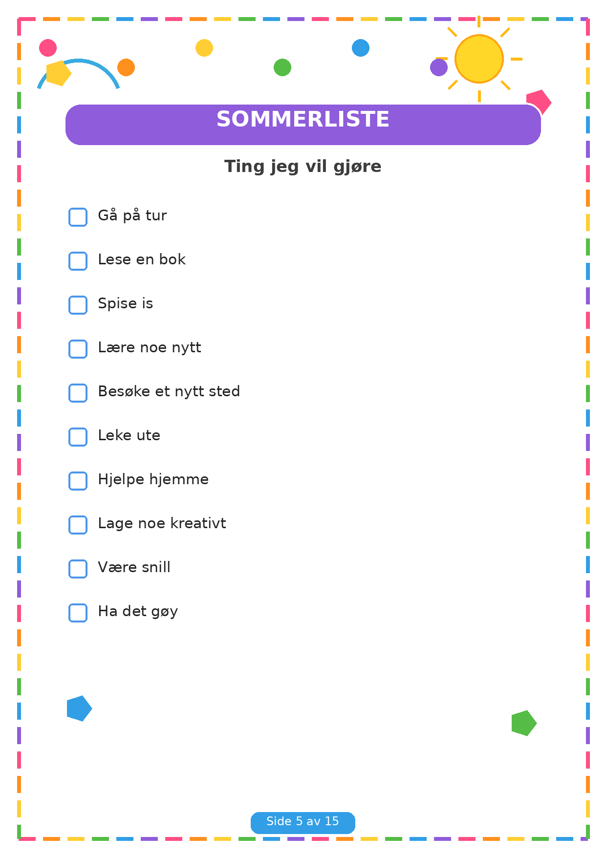 Min Sommerbok for Barn – 15 Sider PDF | Utskrivbare Sommeroppgaver 🌈✏️