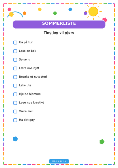 Min Sommerbok for Barn – 15 Sider PDF | Utskrivbare Sommeroppgaver 🌈✏️