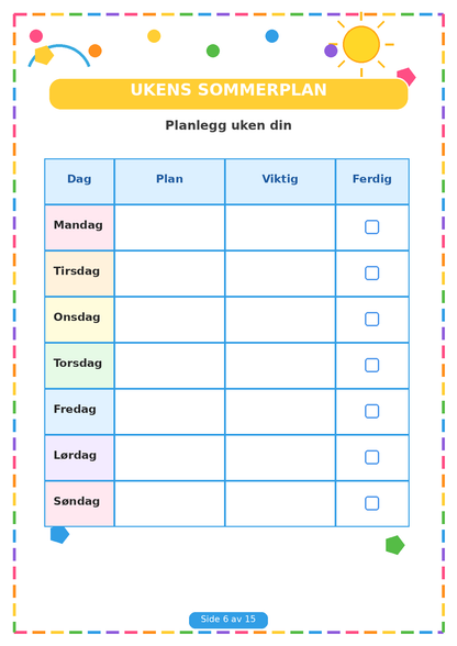 Min Sommerbok for Barn – 15 Sider PDF | Utskrivbare Sommeroppgaver 🌈✏️