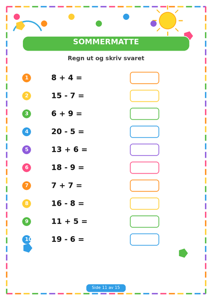 Min Sommerbok for Barn – 15 Sider PDF | Utskrivbare Sommeroppgaver 🌈✏️